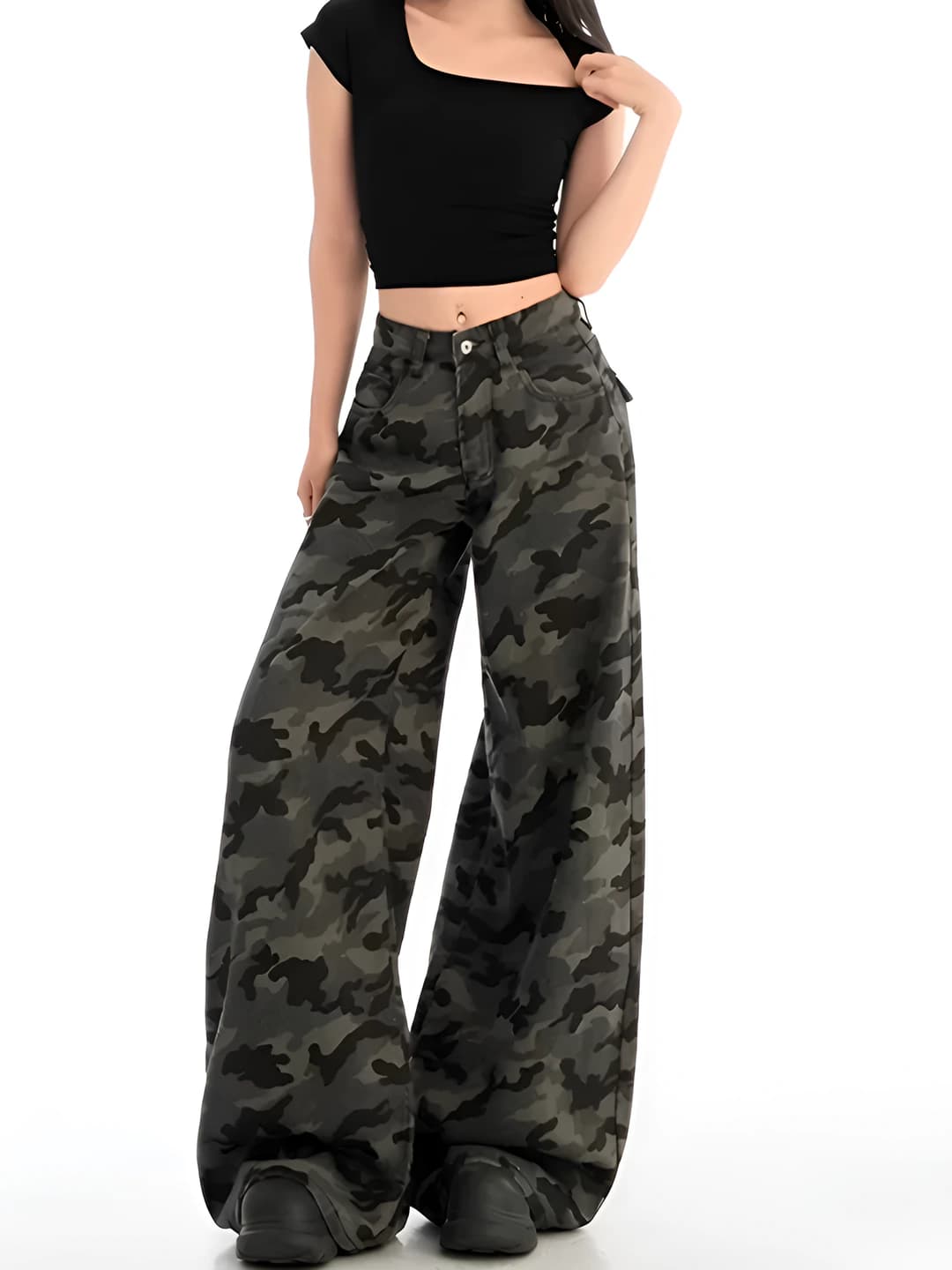 Ayollar uchun keng va klesh jinsi shimlar: kamuflyaj, baland bel, bahor-kuz, bo'sh (oversize) fit, jinsi mato