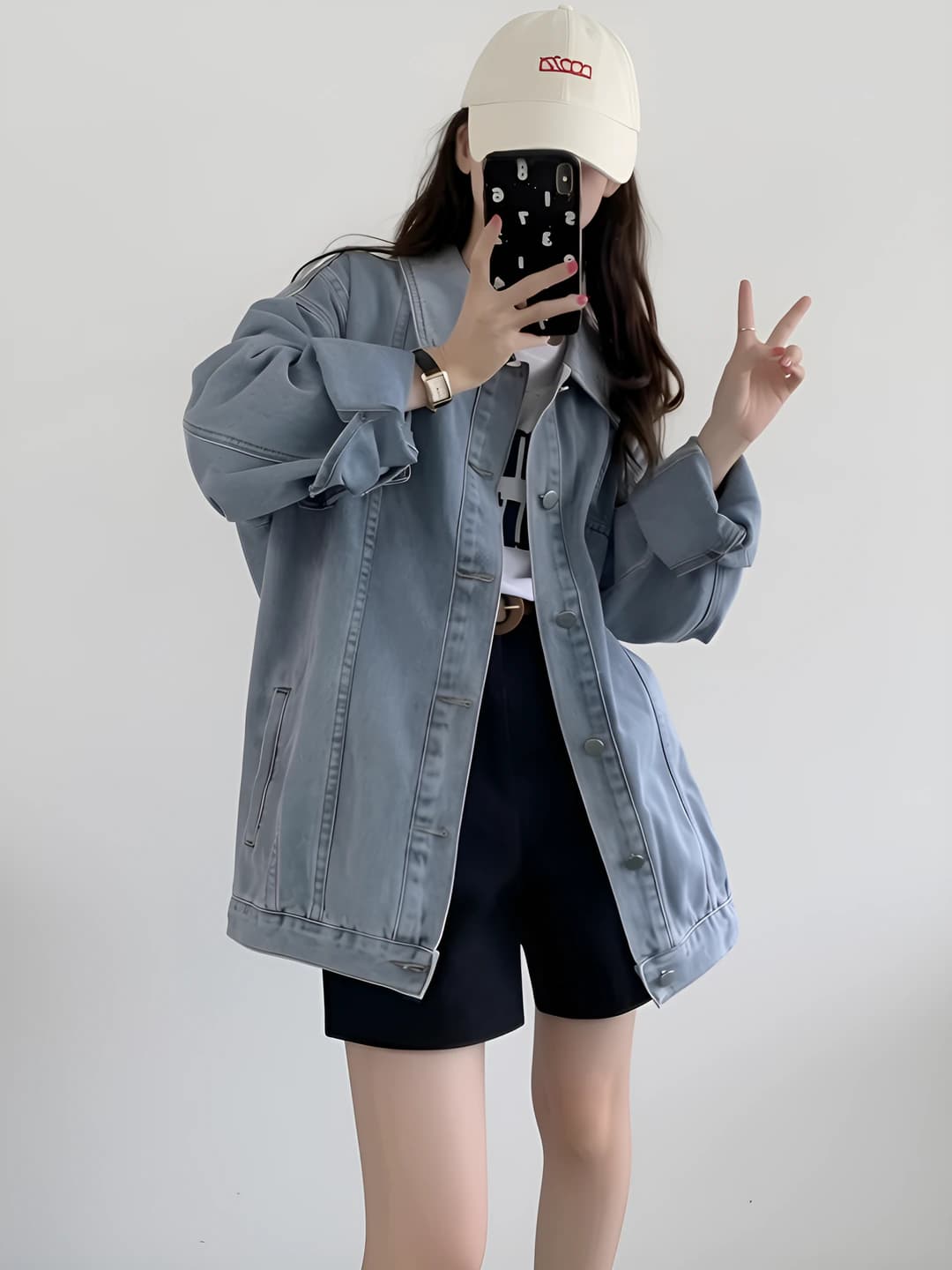 Women's denim jacket 2026, spring-autumn, loose fit, mid-length, POLO collar, long sleeve, casual style