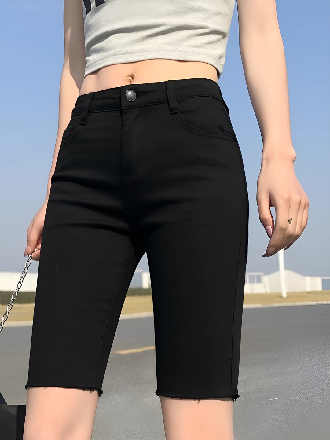Women's summer stretch denim shorts, high waist, straight cut, slim fit, casual style