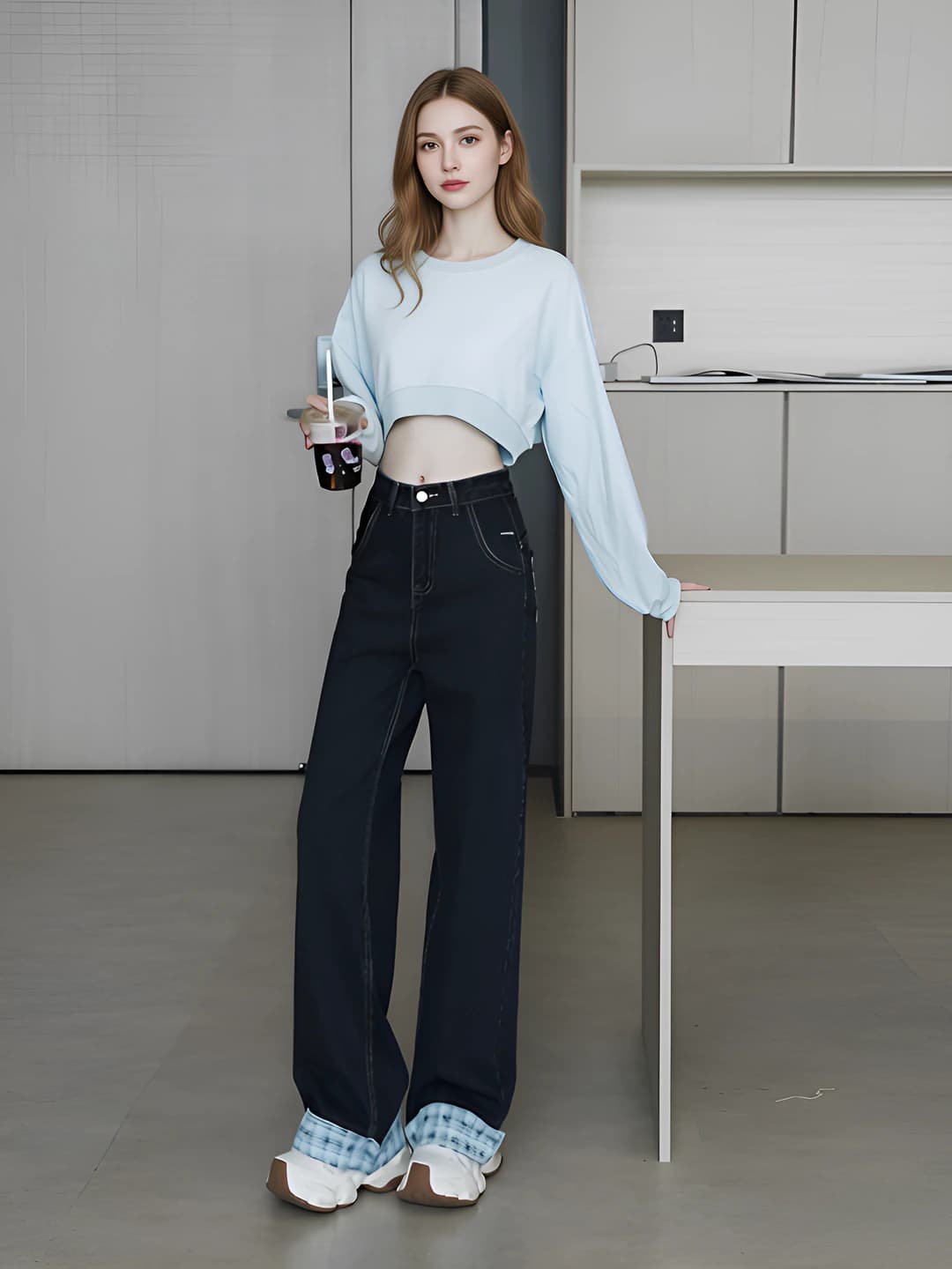 Women's plus size wide and flared jeans, high waist, checked and bow design, straight cut, trousers