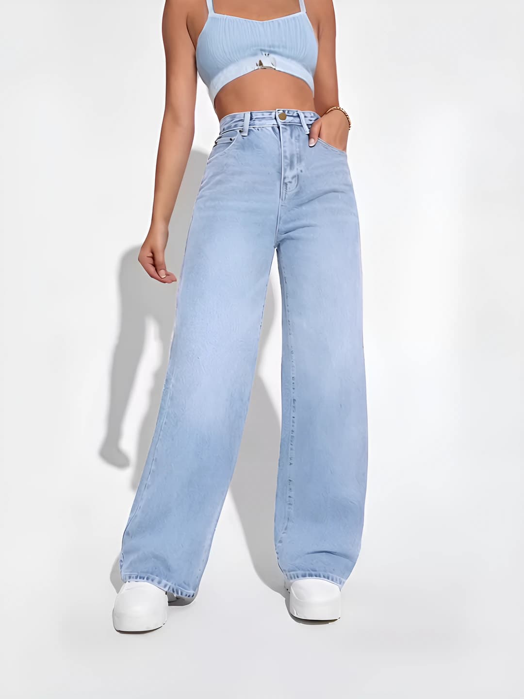 Women's straight cut jeans, high waist, thickened, non-iron