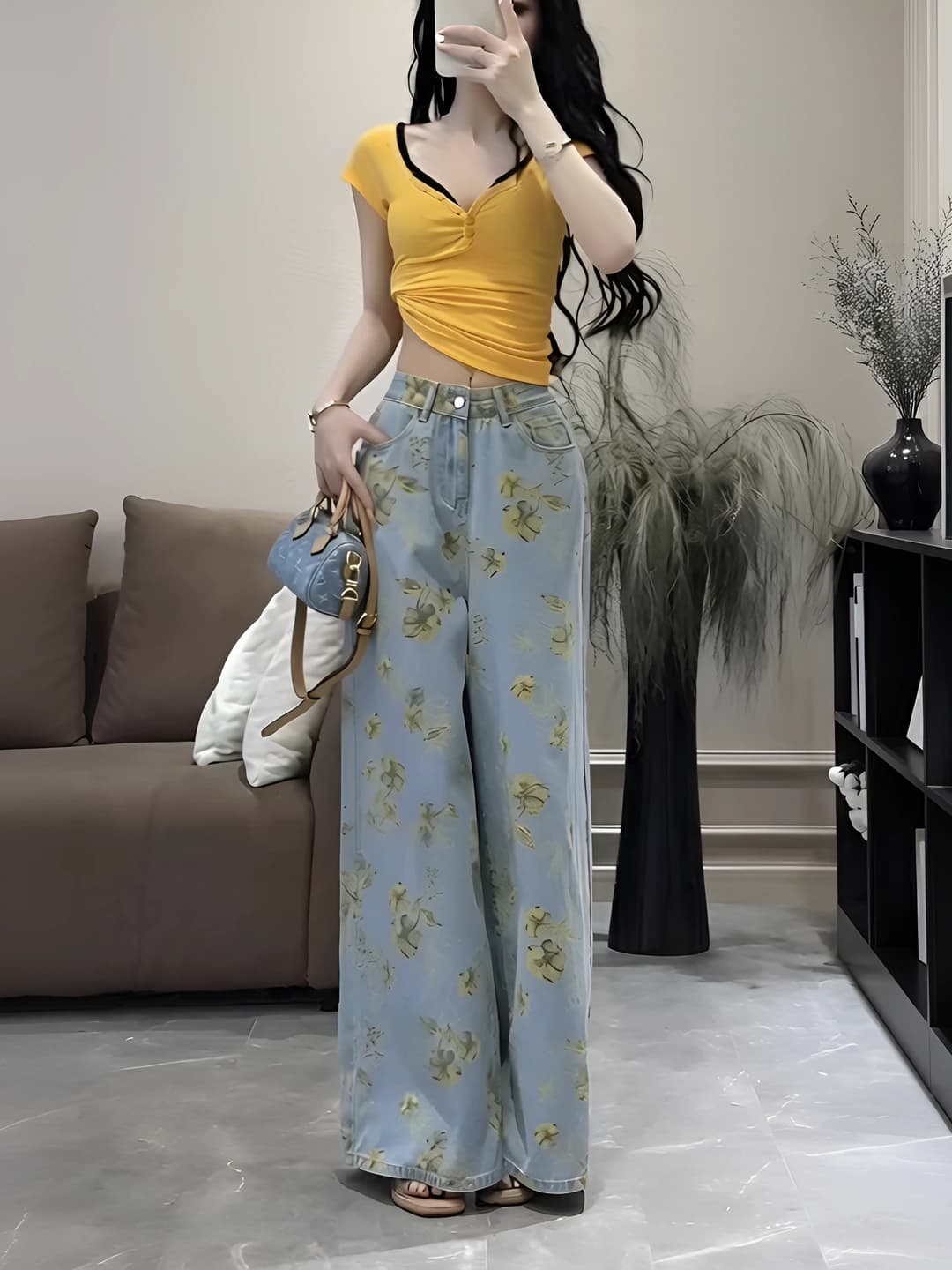 Ayollar uchun retro tay-day bosma naqshli keng va klesh jinsi shimlar, bahor-yoz, baland bel, to'g'ri kesim, uzun shim, juda yupqa, kundalik