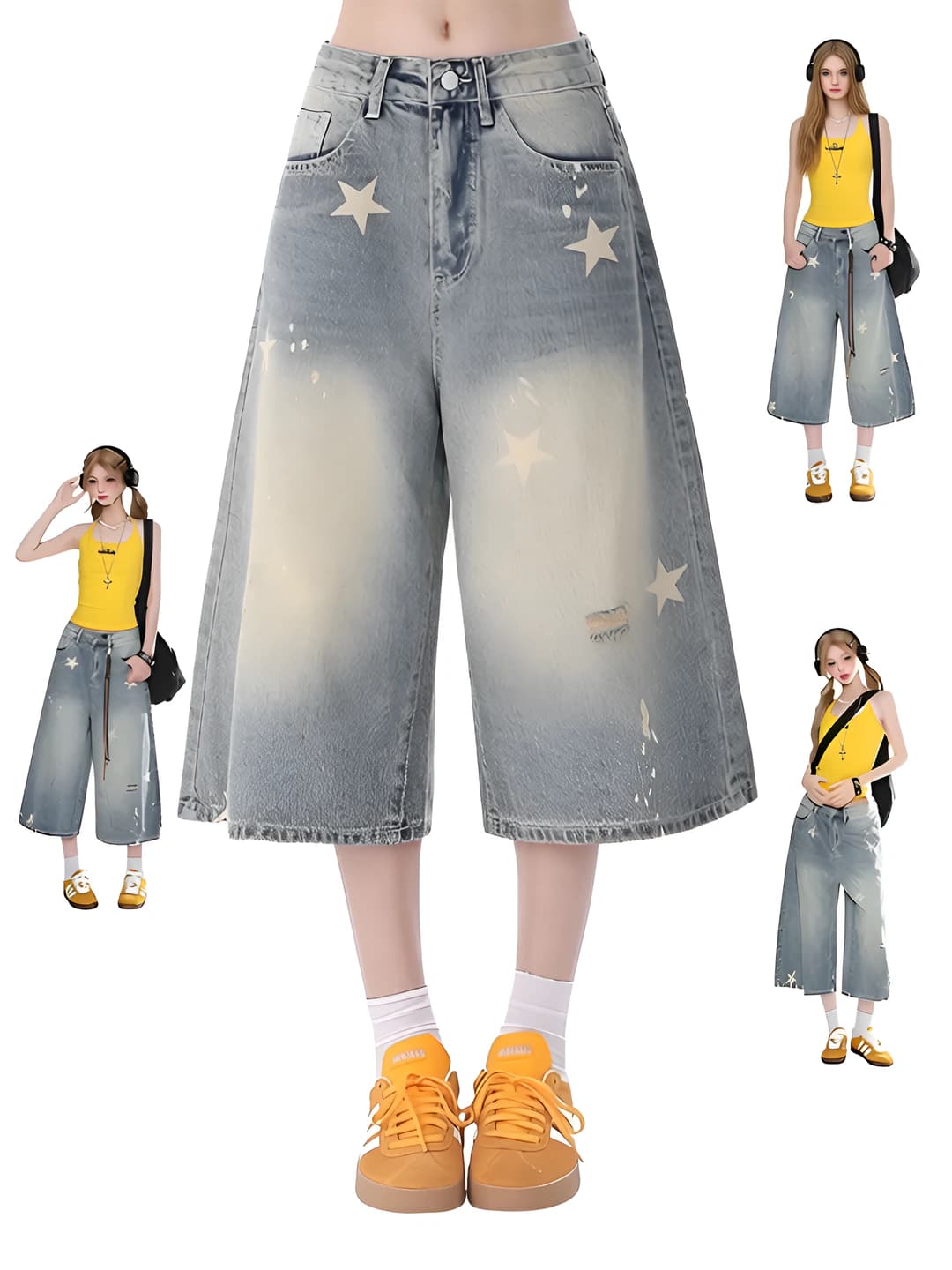 Women's summer plus size jeans, high waist, wide-leg trousers, capri trousers, printed, loose fit, slimming