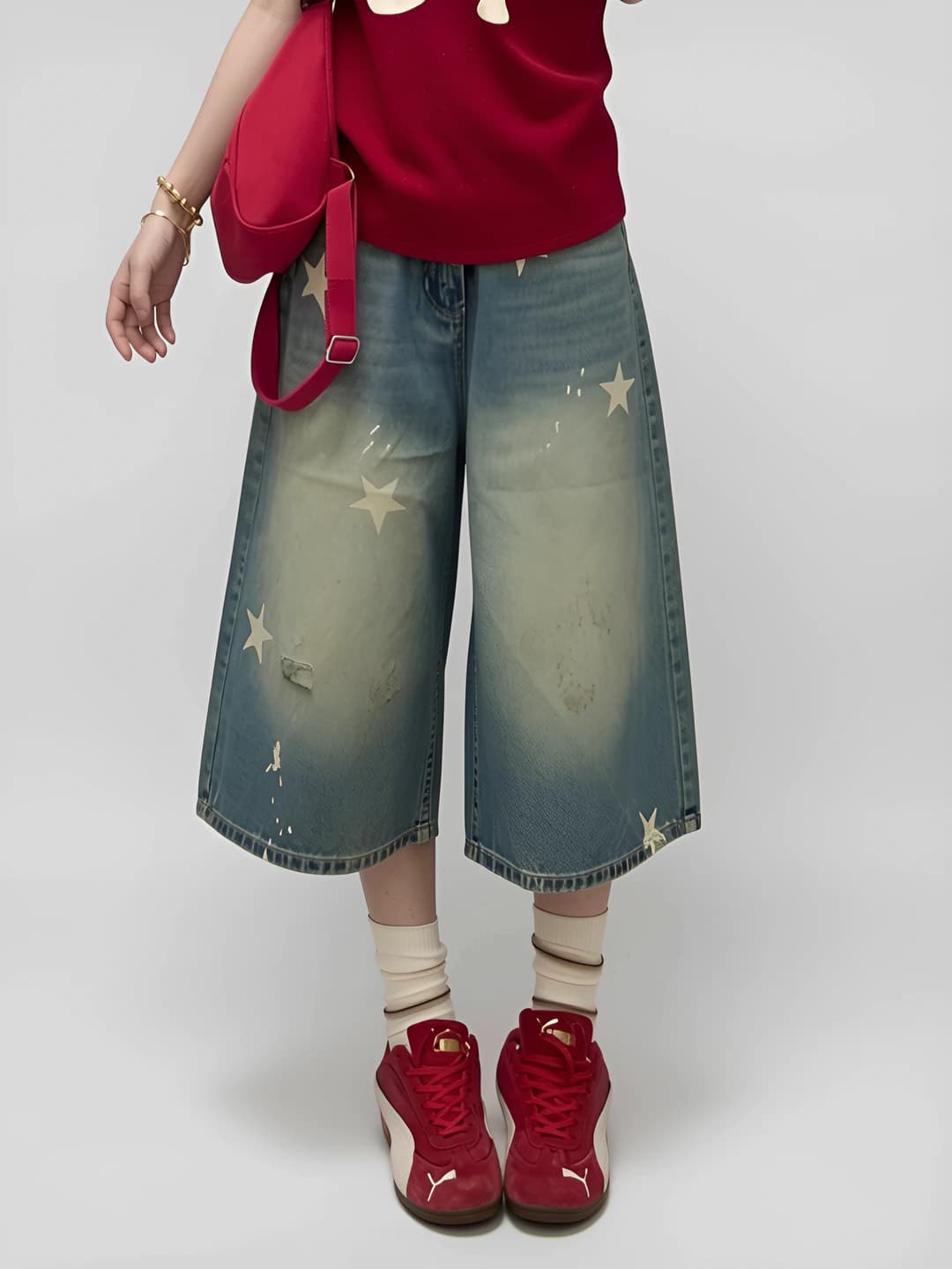 Ayollar uchun yozgi retro uslubdagi yulduz bosma naqshli keng jinsi shimlar, baland bel, tizzagacha shorti, bo'sh (oversize) fit