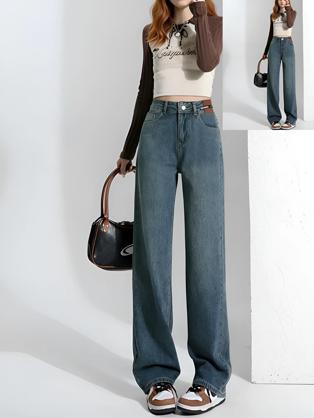 Women's warm, thickened, fleece-lined, high waist, straight cut, loose fit wide and flared jeans, autumn-winter