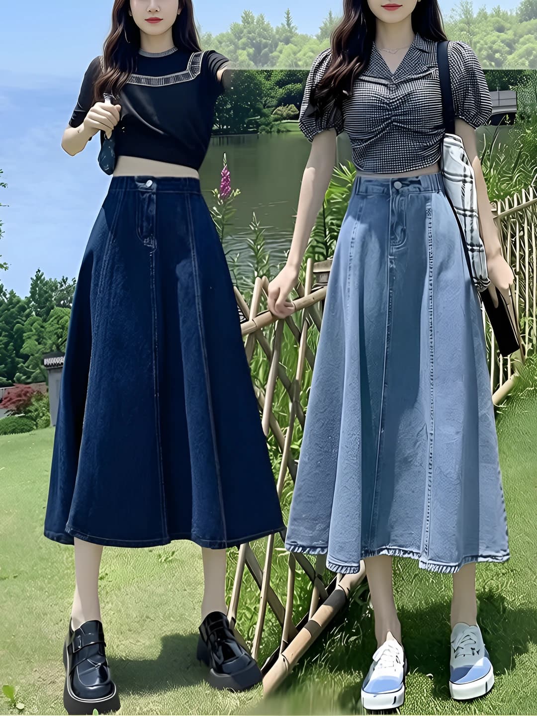 Women's high waist A-line mid-length solid colour stretch non-iron slimming denim skirt