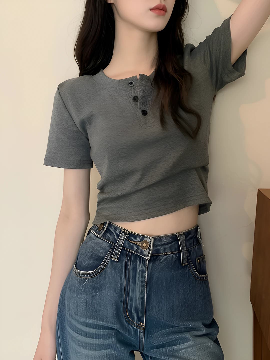 Women's summer short sleeve t-shirt with high waist, slim fit, solid colour, crew neck and buttons