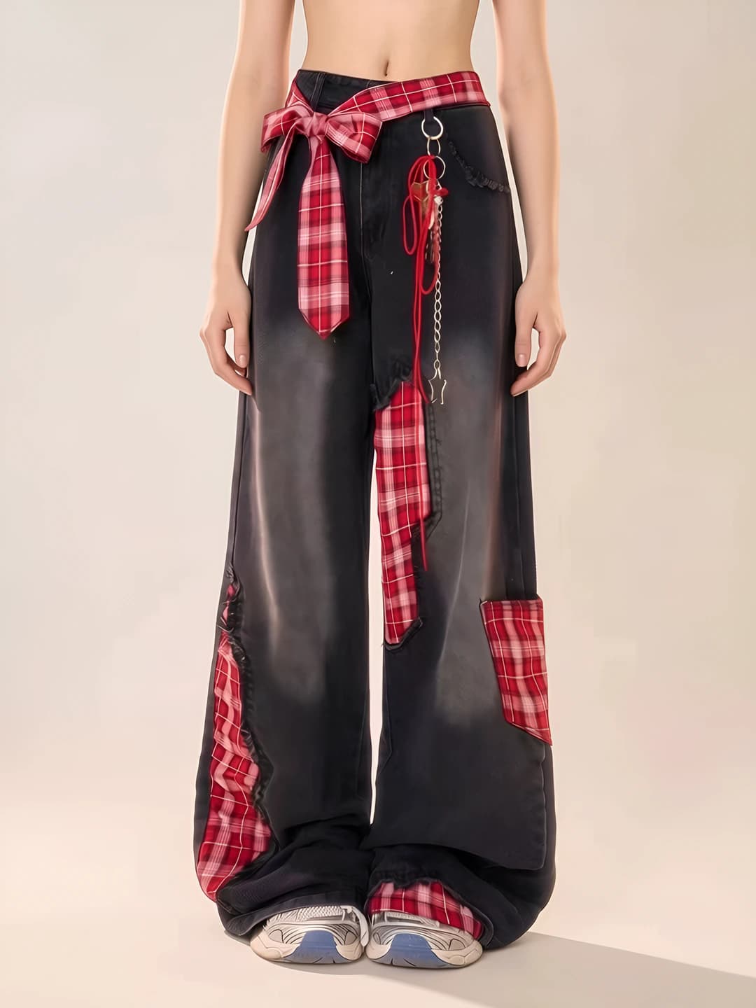 Women's 2026 spring-autumn checked high waist wide-leg jeans, loose fit straight cut, ultra-thin, with zip, American style straight trousers