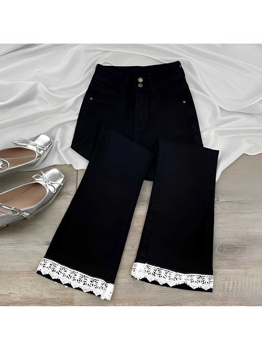 Women's petite plus size black lace patchwork stretch slimming ankle-length jeans, summer, high waist