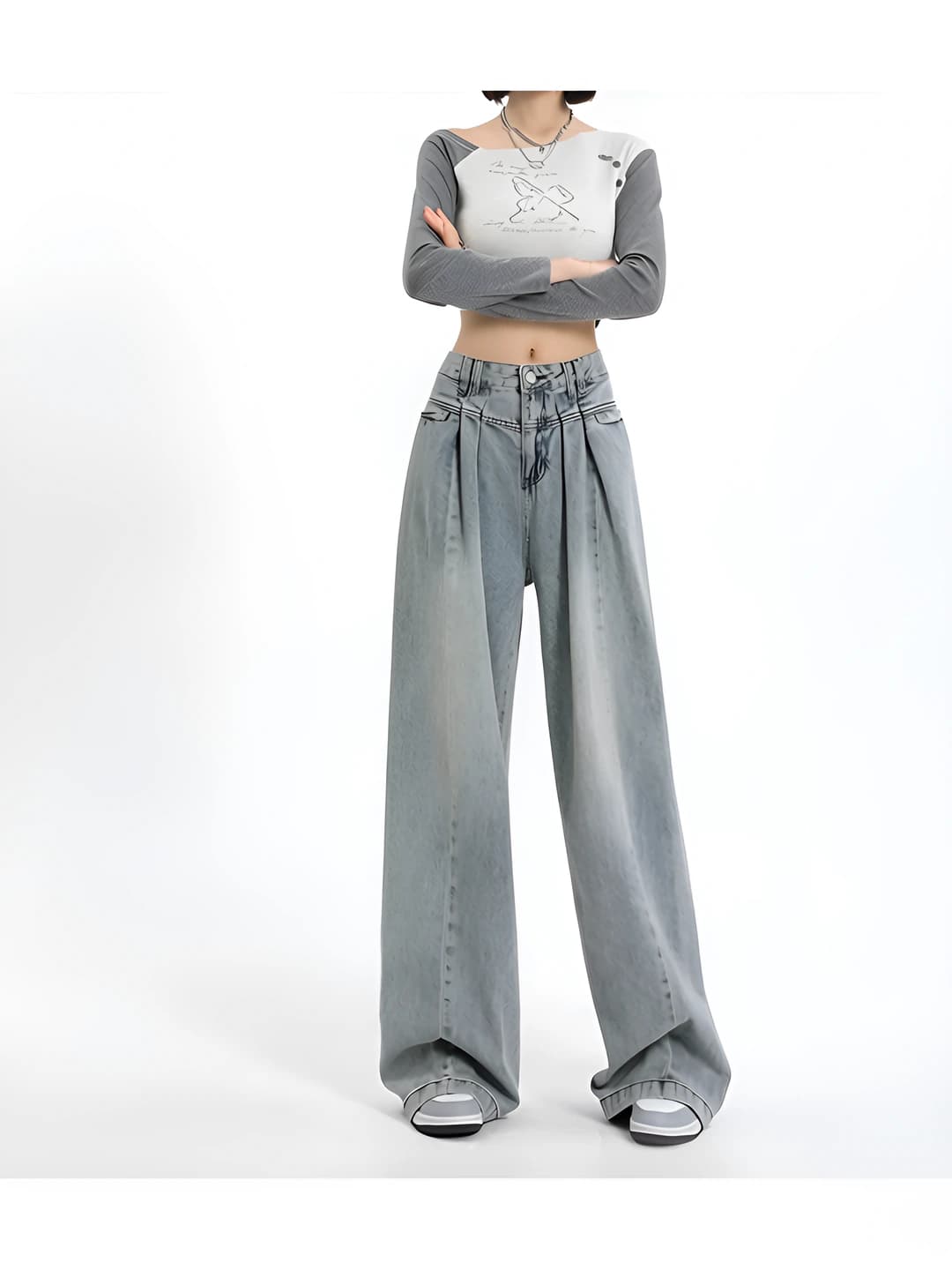 Women's wide and flared jeans: high waist, straight cut, trousers, spring-autumn, loose fit, stretch, denim fabric