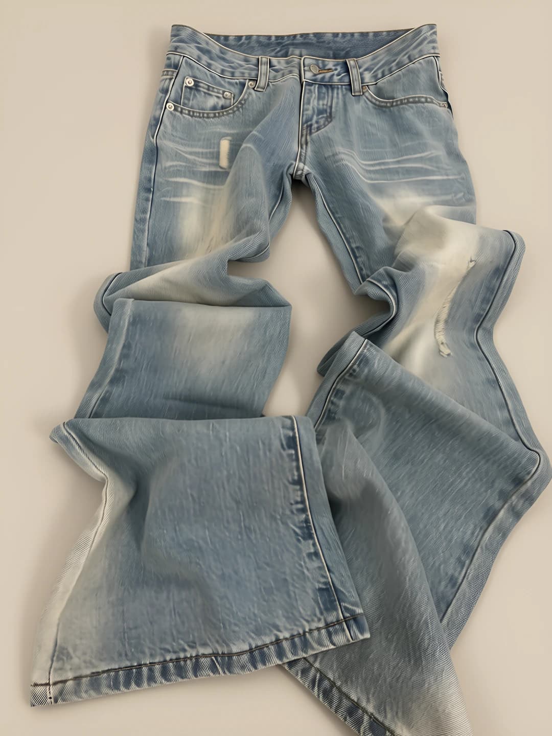 Women's wide and flared jeans, spring, light blue, lace patchwork, washed, high waist, slimming, stretch, trousers