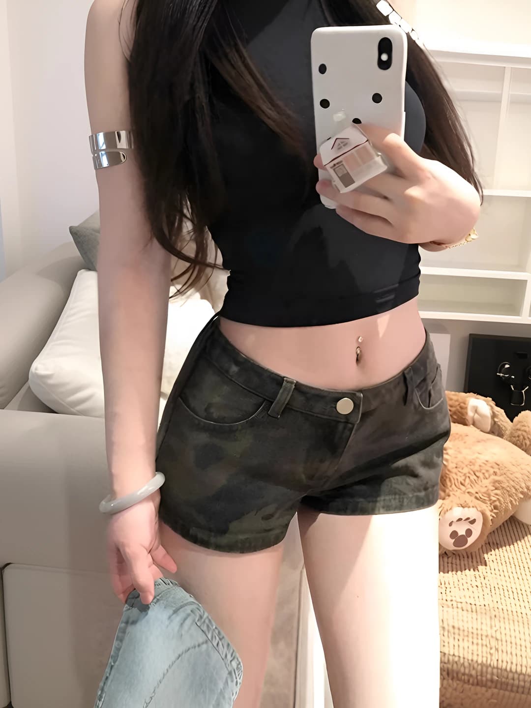 Women's retro camouflage denim shorts, low waist, stretch, slimming, straight cut