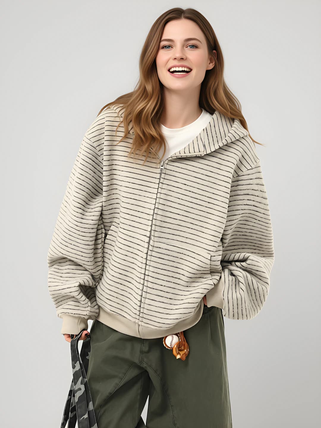 Women's spring-autumn retro striped zip-up loose fit hoodie