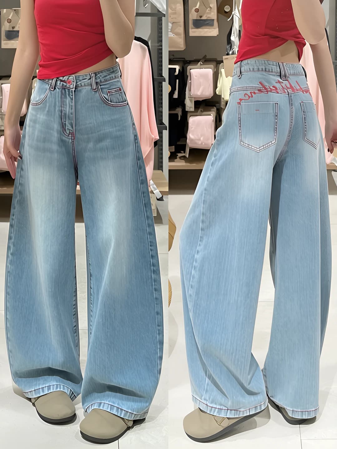 Ayollar uchun bahor-kuzgi baland belli, bo'sh (oversize) keng va klesh jinsi shimlar, fermuarli, kundalik uslub