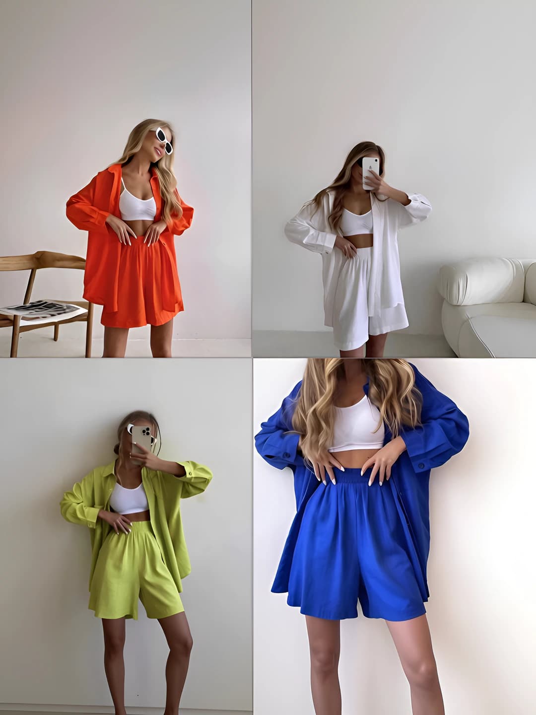 Women's spring casual shirt and knee-length shorts set: solid colour, long sleeve, loose fit, polyester fabric