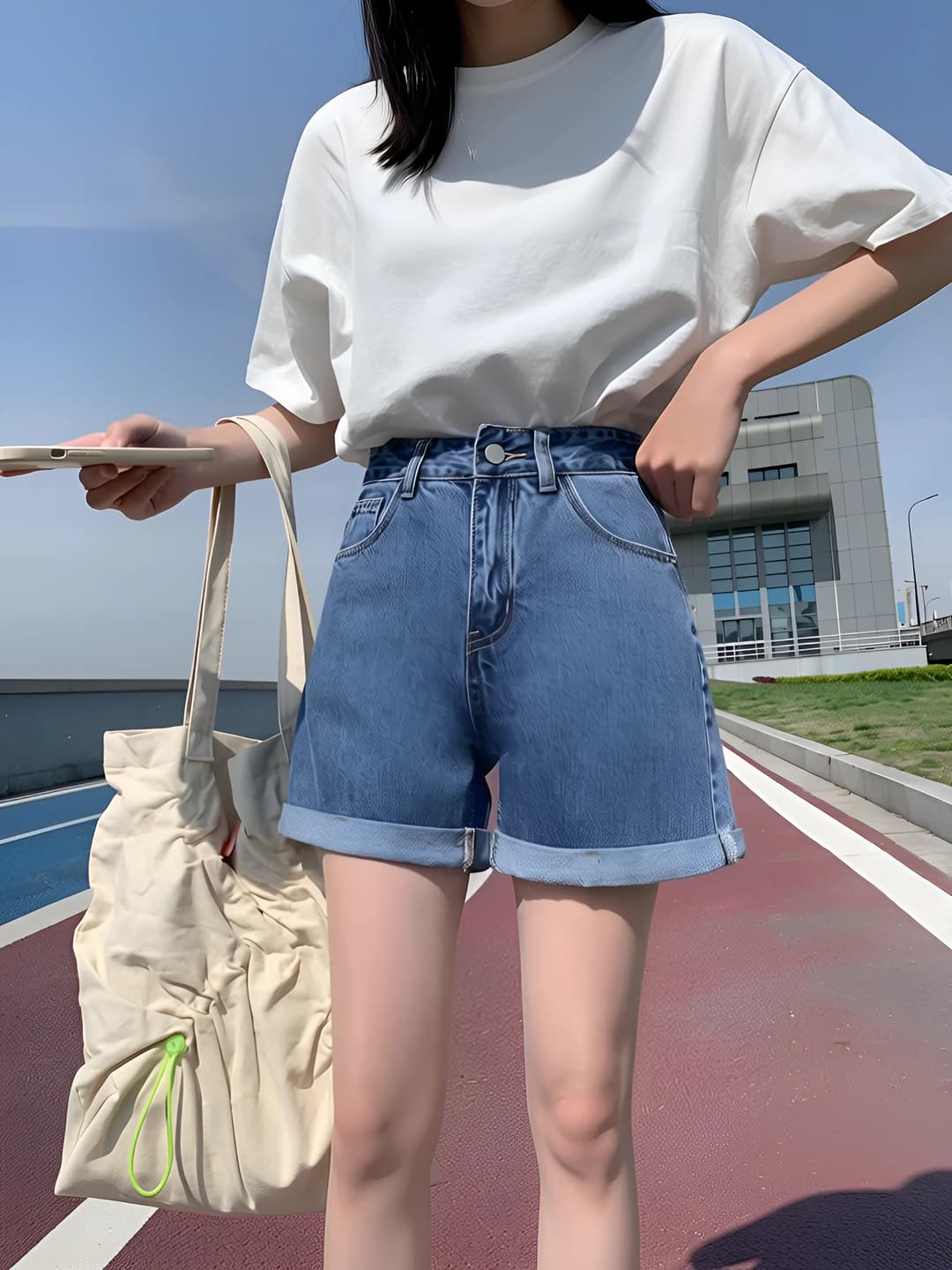 Ayollar uchun yozgi yupqa jinsi shorti, koreys uslubida, bo'sh (oversize), baland bel, A-kesim, nozik ko'rsatadigan, kundalik