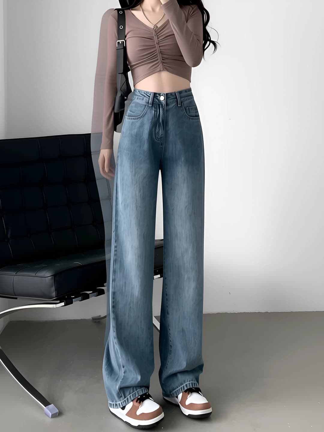 Women's wide and flared jeans, high waist, plus size, retro, loose fit, straight cut, all-cotton, autumn-winter 2026