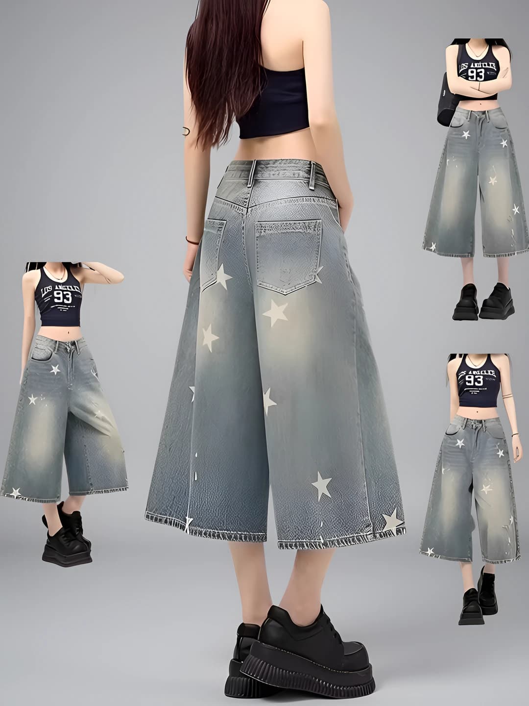 Women's petite summer high waist wide and flared jeans, distressed, capri trousers, slimming