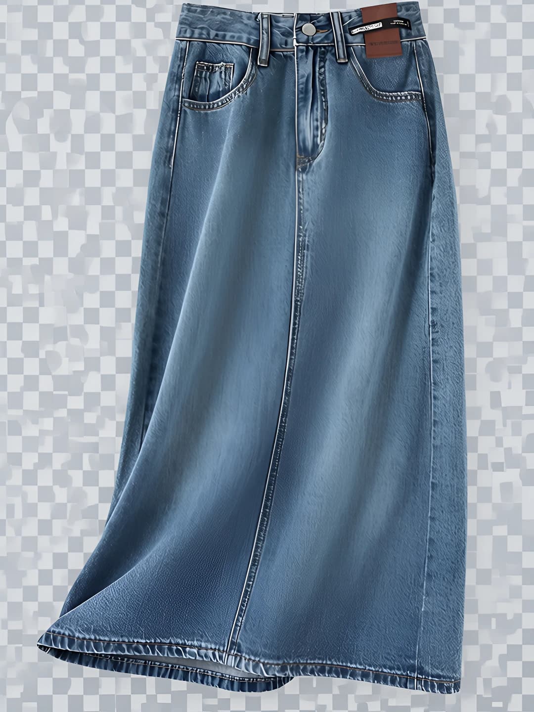 Ayollar uchun retro uslubdagi baland belli A-shakl to'g'ri kesim o'rta-uzun denim yubka, yon ochiq va tugma detallari bilan