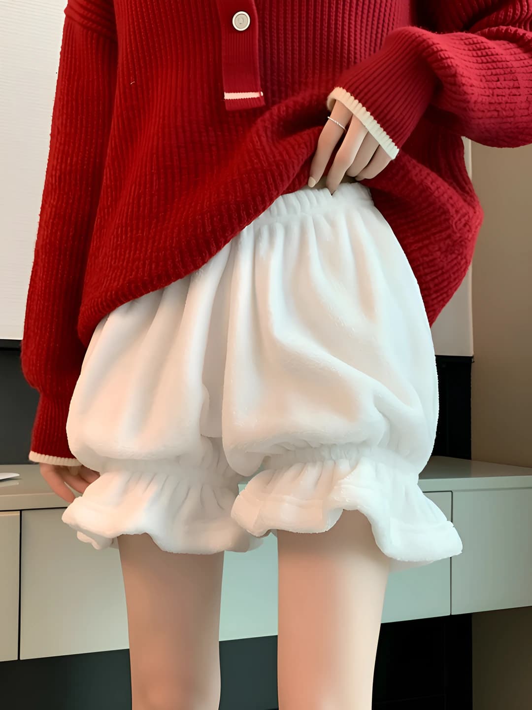 Women's fleece-lined, stretch, slim fit, loose fit short shorts, warm, for spring-autumn, polyester fabric