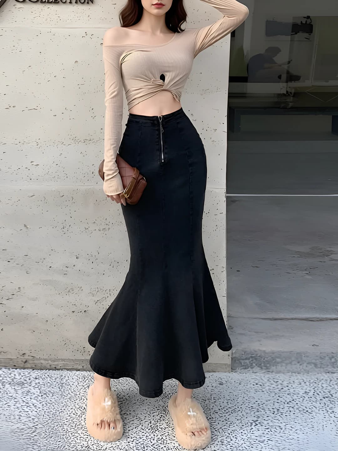 Women's 2026 spring stretch high waist mid-length denim mermaid skirt