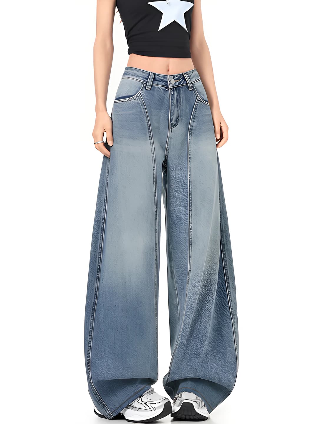 Women's wide-leg jeans spring-autumn, high waist, slimming, loose fit, trousers, 50%–70% cotton, craft