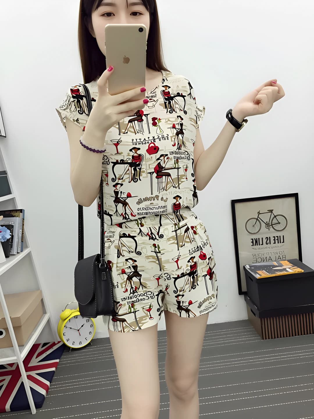 Women's summer casual set: printed short sleeve t-shirt and shorts, loose fit, Korean style
