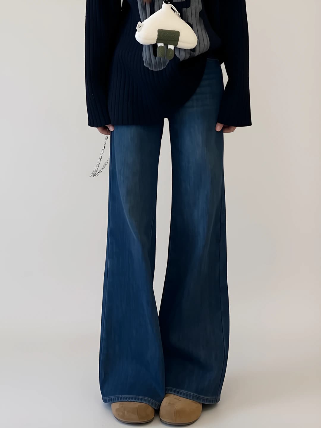 Women's wide and flared jeans, fleece-lined, high waist, loose fit, autumn-winter, plus size, petite