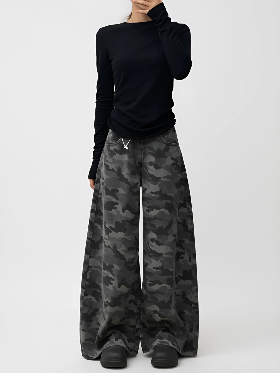 Women's retro camouflage wide and flared jeans, high waist, straight cut, loose fit, slimming, spring-autumn