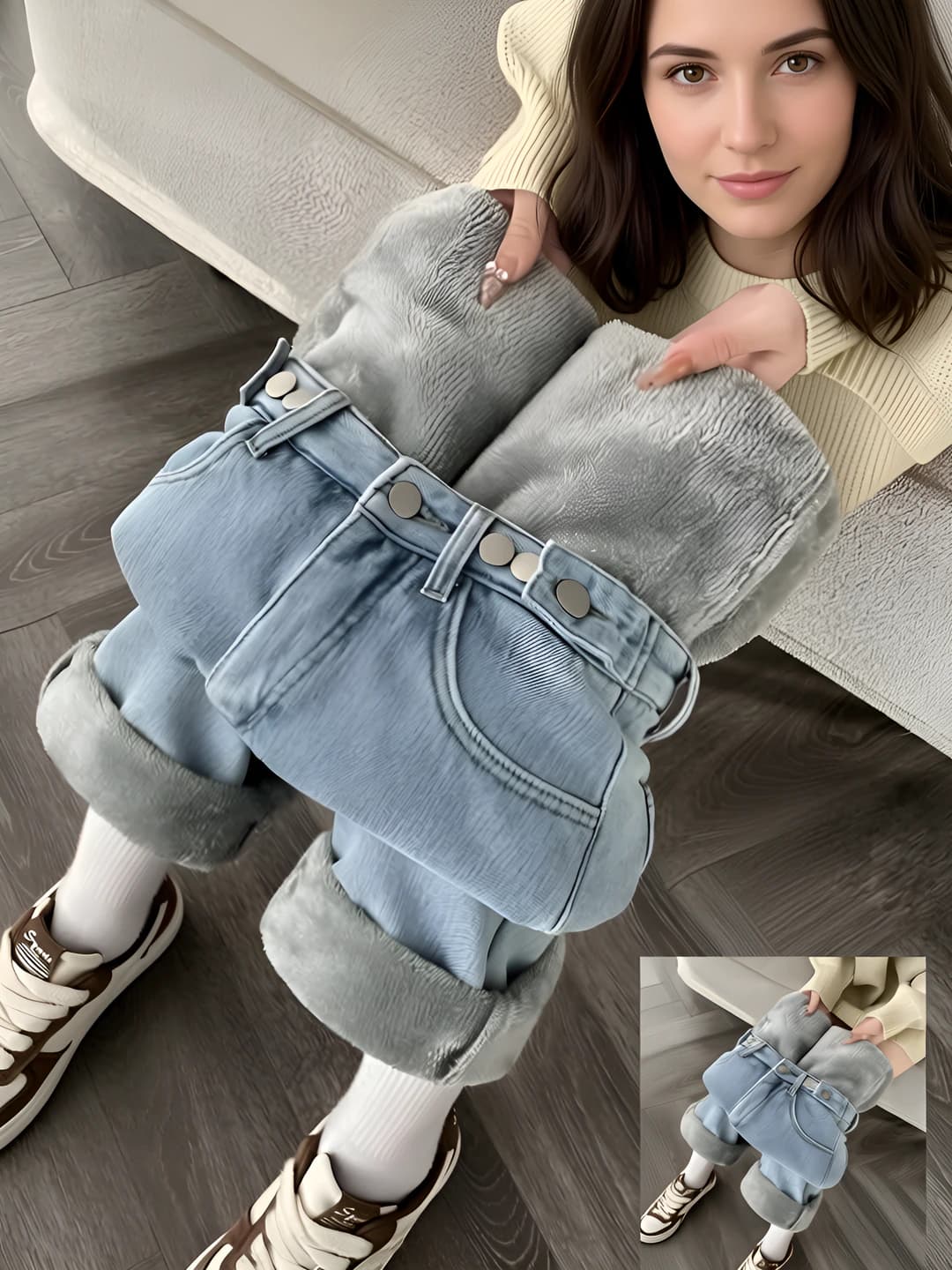 Women's thickened fleece-lined straight jeans, high waist, loose fit, slimming, warm, winter 2026