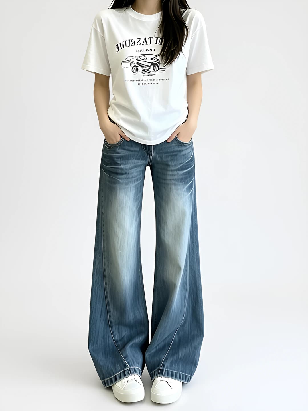 Women's Korean style wide and flared jeans, low waist, trousers, zip, spring-autumn, slimming