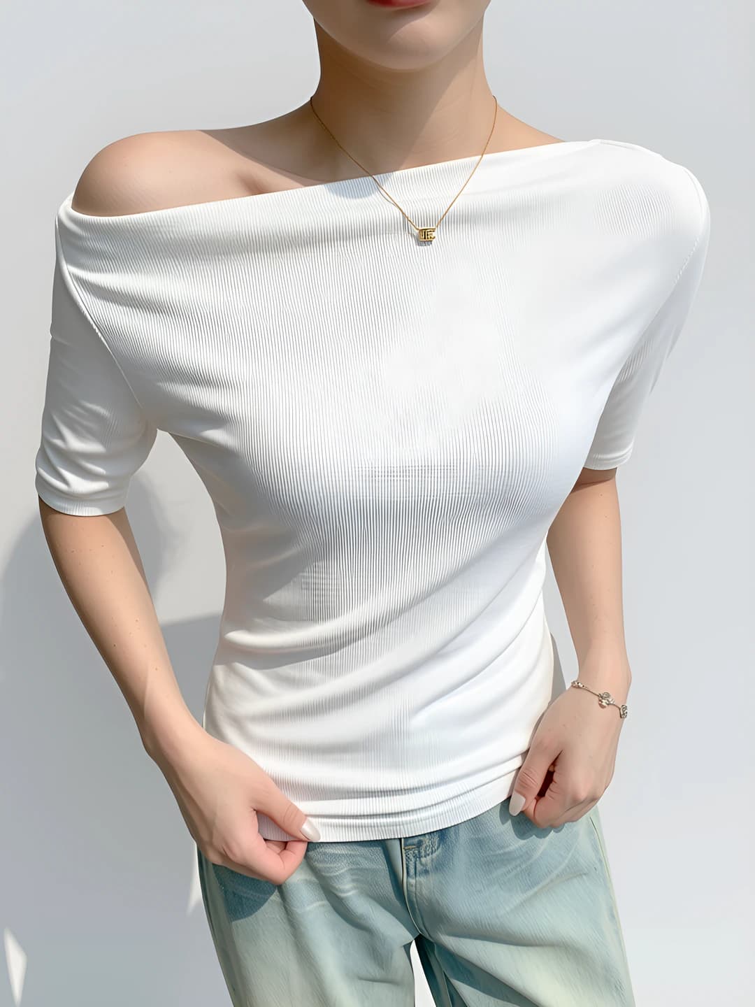 Women's summer short sleeve slim fit solid colour off-shoulder t-shirt