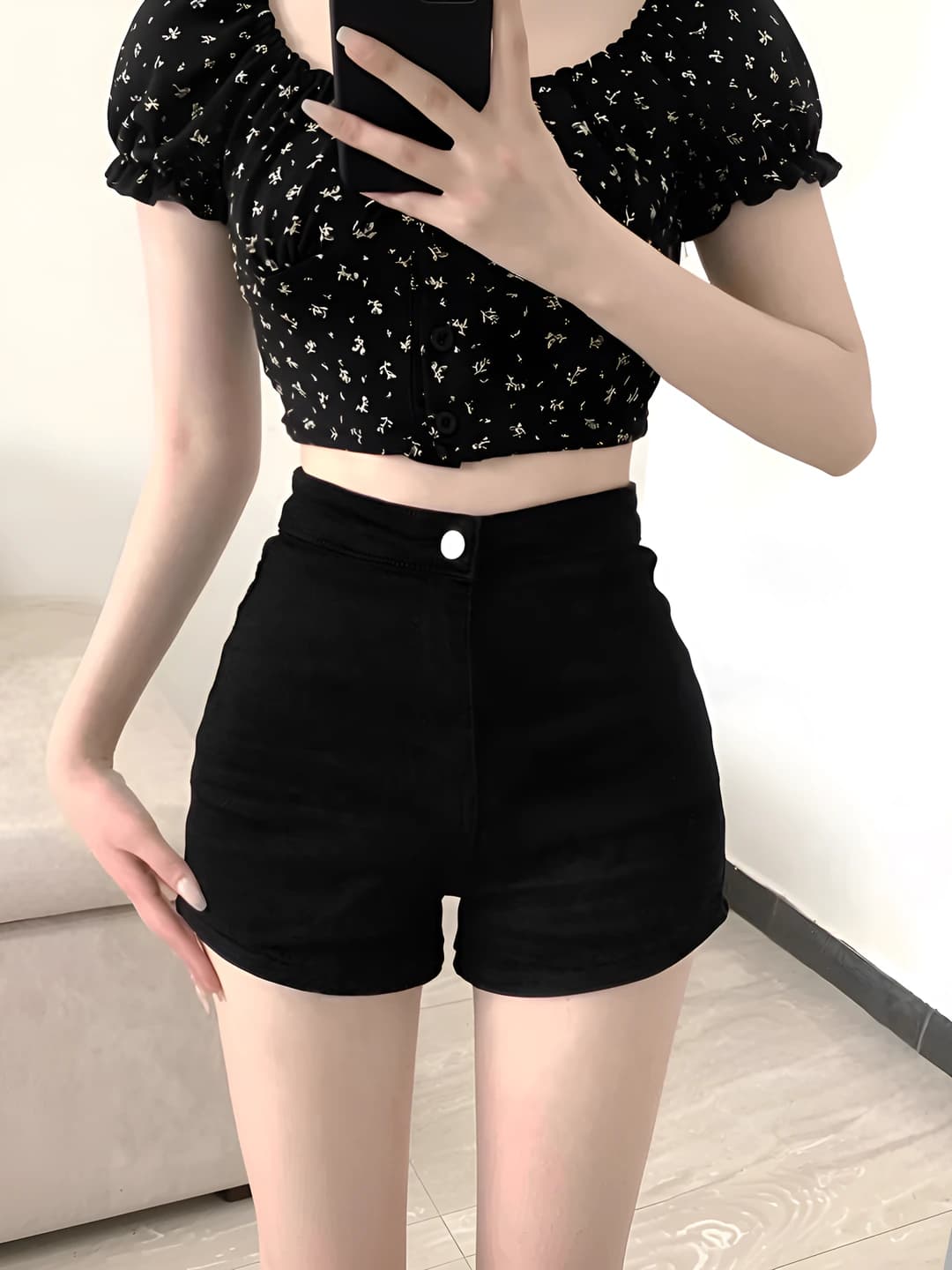 Women's black denim shorts, high waist, stretch, straight cut, non-iron