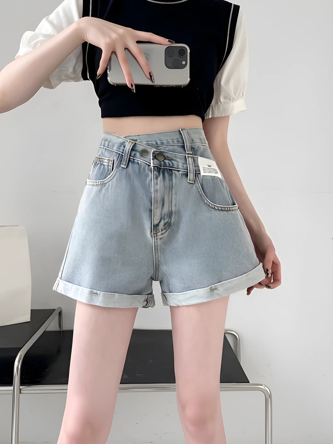 Women's denim shorts, high waist, wide-leg trousers, straight cut, loose fit, all-cotton, summer, short shorts