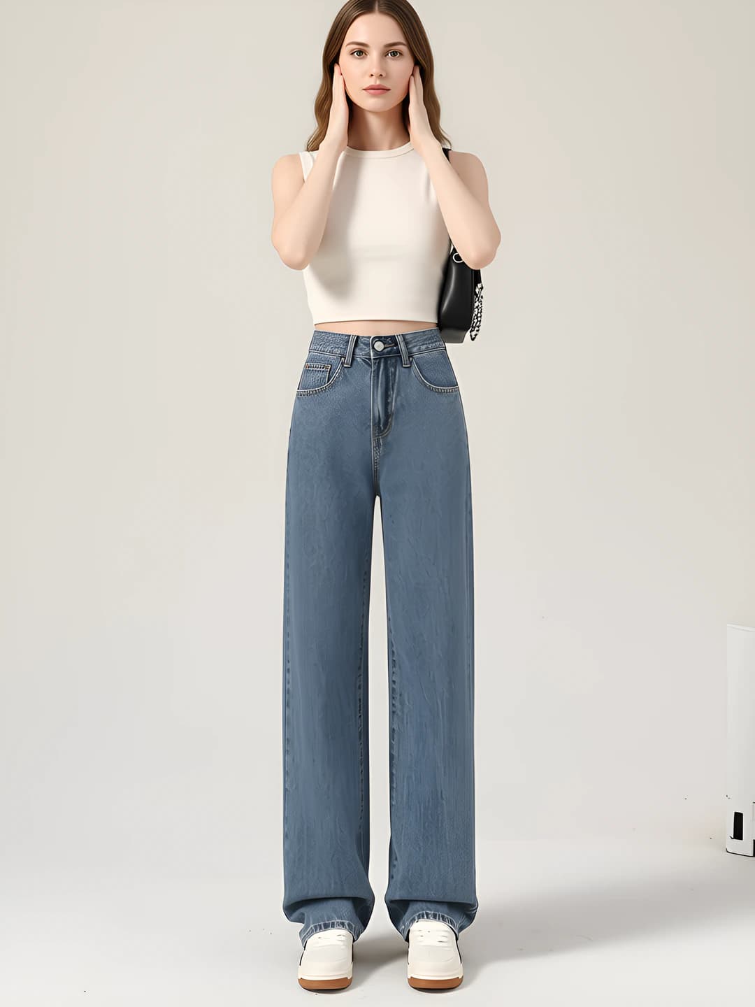 Women's autumn-winter jeans, high waist, wide-leg trousers, straight cut, loose fit, slimming, casual style