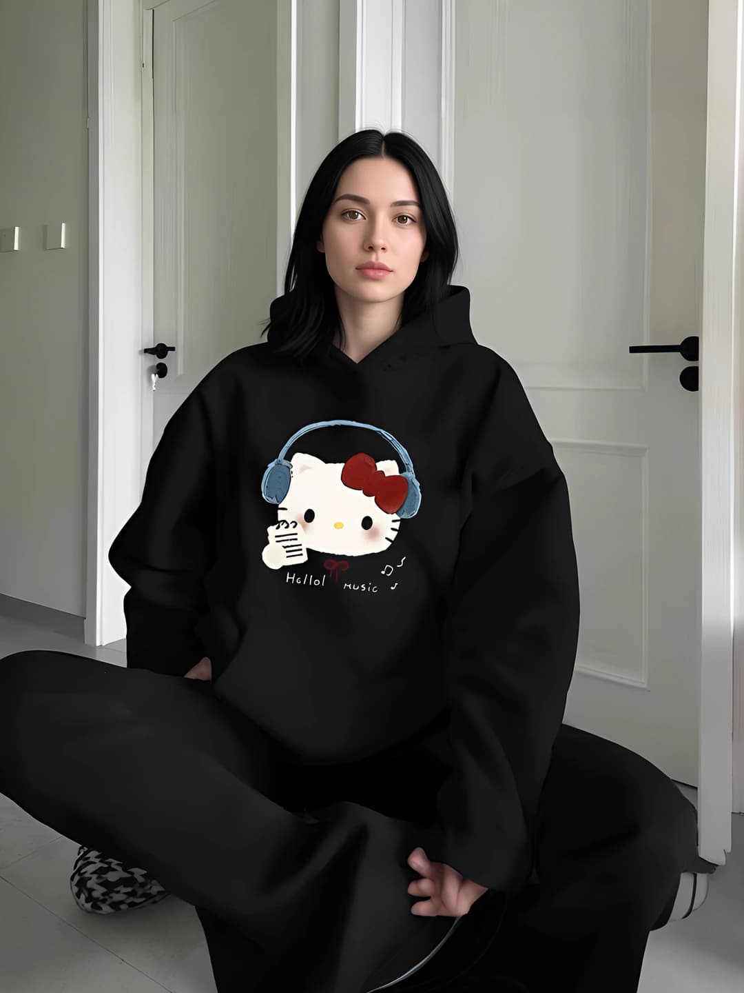 Women's Kitty cartoon printed hoodie, autumn-winter 2026, casual, loose fit, long sleeve, crew neck, thick polyester fabric