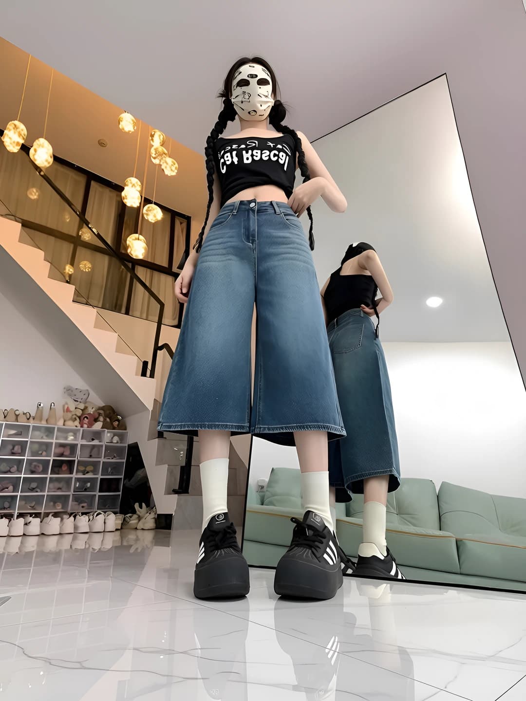Women's wide and flared jeans 2026 summer, blue, mid waist, slimming, for petite, capri trousers