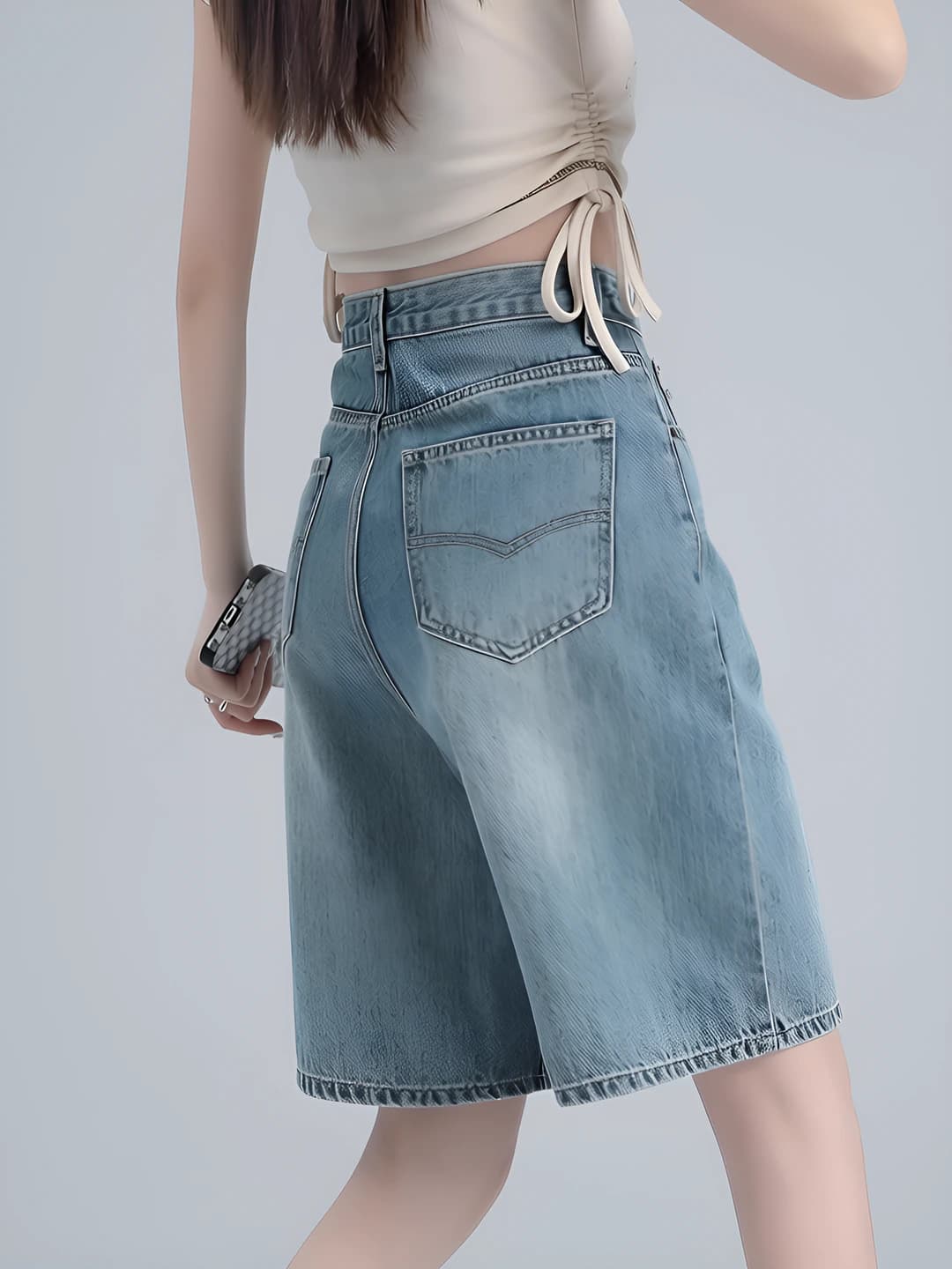 Ayollar uchun jinsi shorti, baland bel, bo'sh (oversize) kesim, yozgi, koreys uslubida