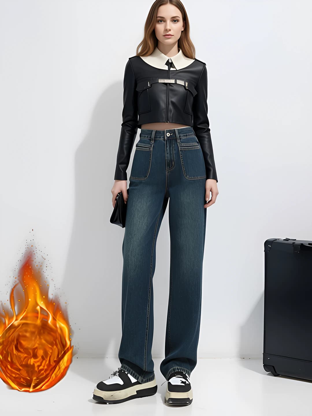 Women's fleece-lined, thickened, loose fit and straight cut, high waist, wide-leg jeans