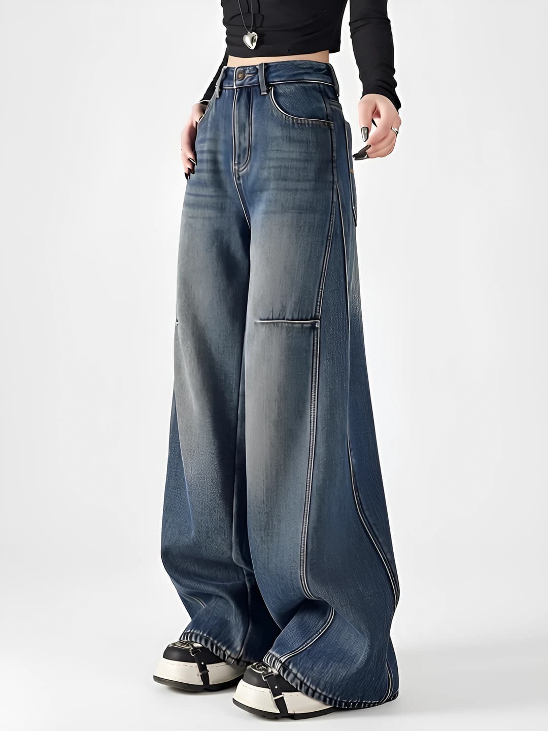 Ayollar uchun keng va klesh jinsi shimlar, to'g'ri kesim, baland bel, retro, katta o'lcham, bo'sh (oversize), uzun shim