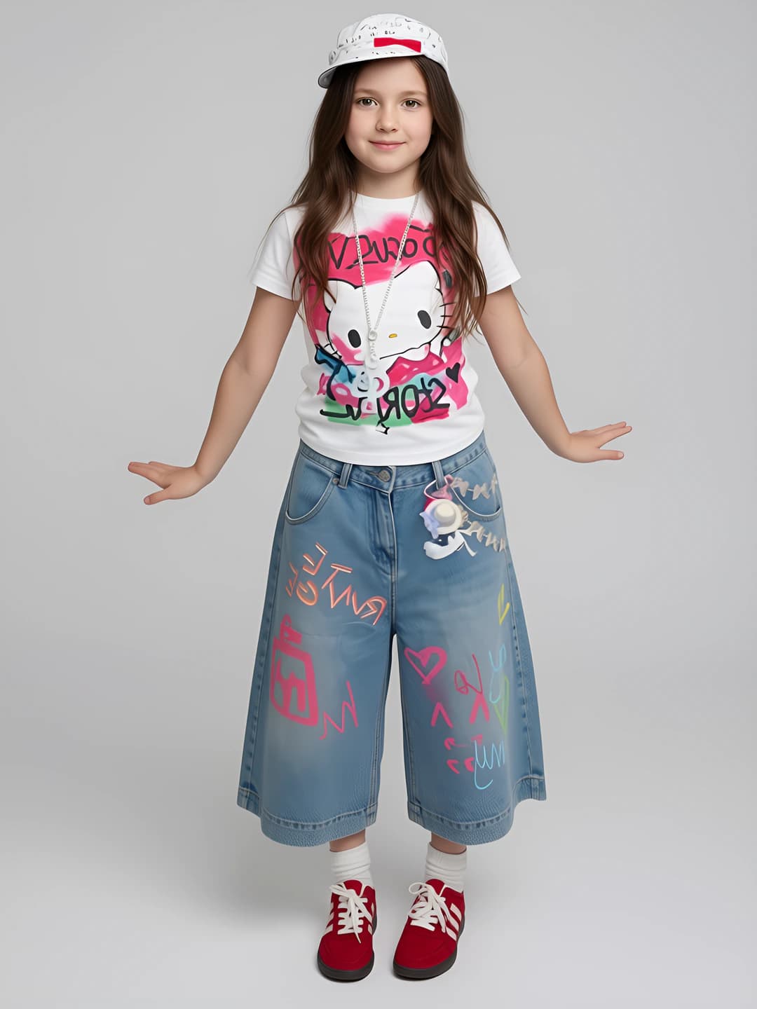 Ayollar uchun yozgi bosma naqshli keng va klesh jinsi shimlar, baland bel, bo'sh (oversize) to'g'ri kesim, uch chorak shim