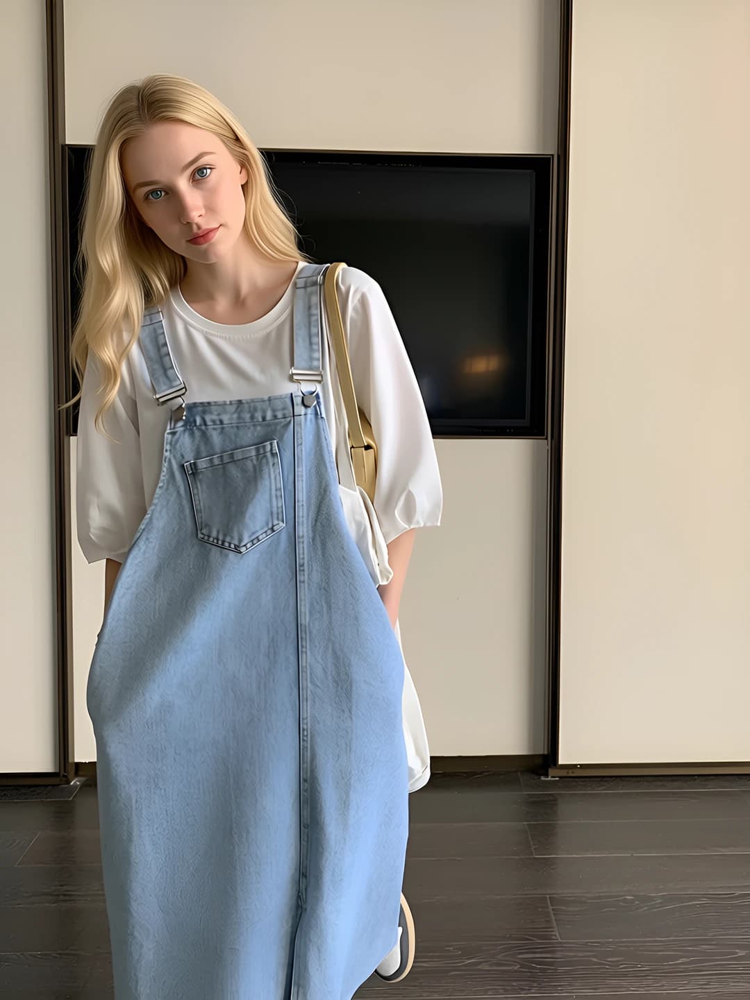 Ayollar uchun 2026 bahor-kuz retro uslubidagi jinsi pinafore libos to'plami, koreys uslubida, past bo'ylilar uchun, bo'sh (oversize) va notekis