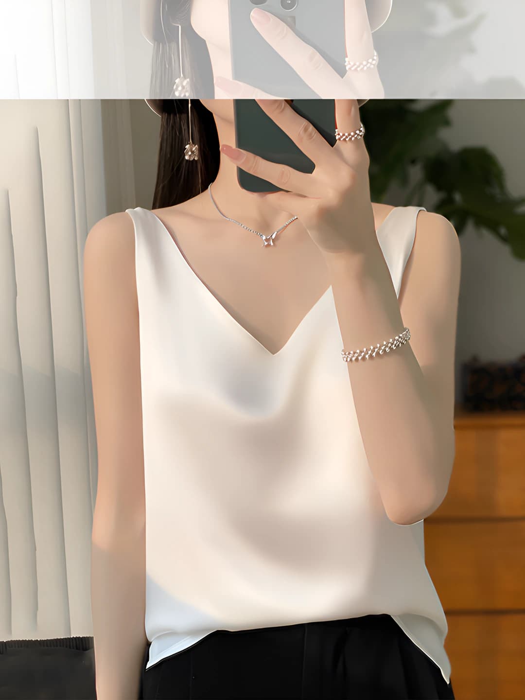 Women's silk tank top, V-neck, slim fit, cropped, solid colour, summer