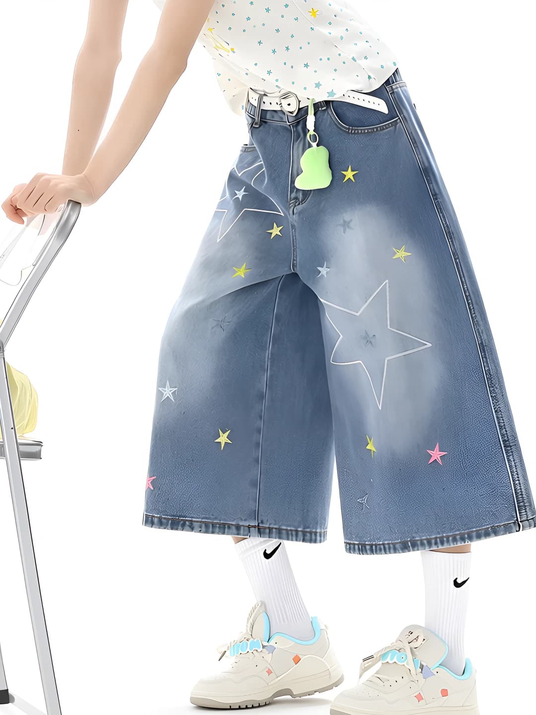 Women's star embroidered jeans, thin, summer 2026, high waist, loose fit, straight cut, wide and flared jeans, capri trousers