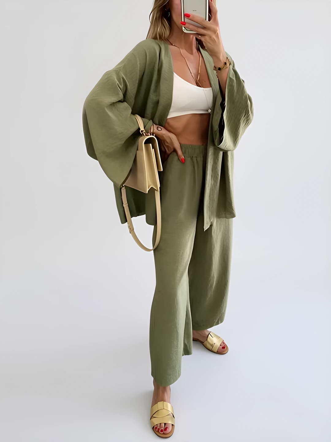 Women's casual set: cardigan and ankle-length trousers, solid colour, long sleeve, pockets