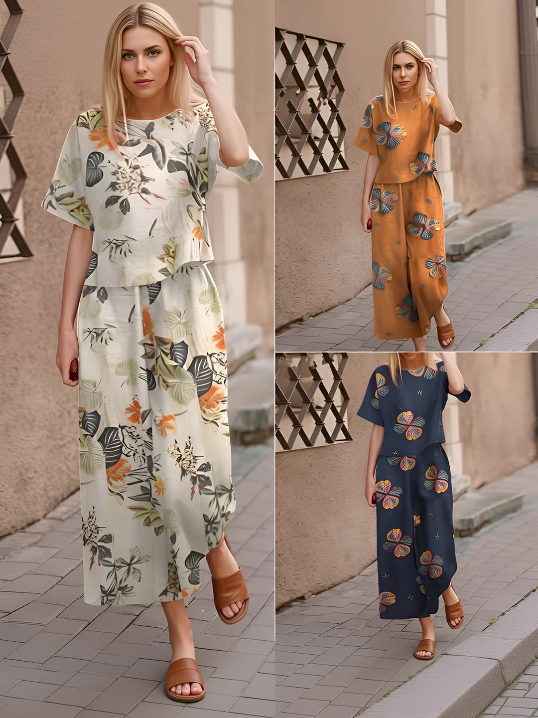 Women's printed floral set, short sleeve, casual, ankle-length trousers, 80-90% cotton, 50-70% polyester, blue, set