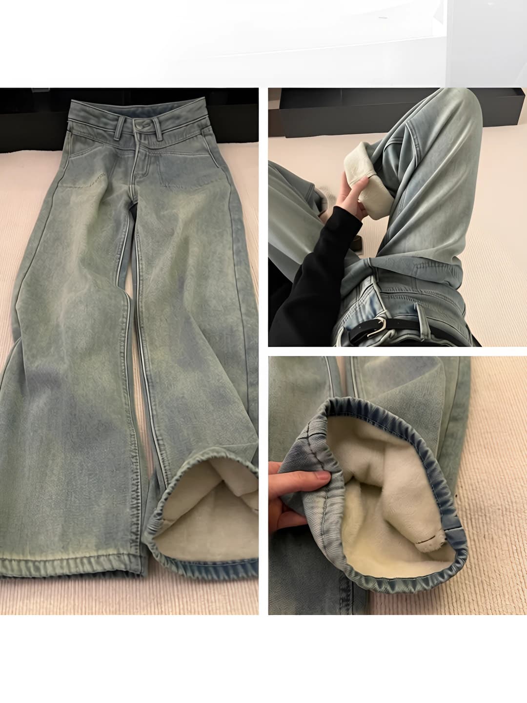 Ayollar uchun issiq astarli, qalinlashtirilgan, bo'sh (oversize) to'g'ri kesim, baland bel, nozik ko'rsatadigan, retro uslubdagi keng va klesh jinsi shimlar