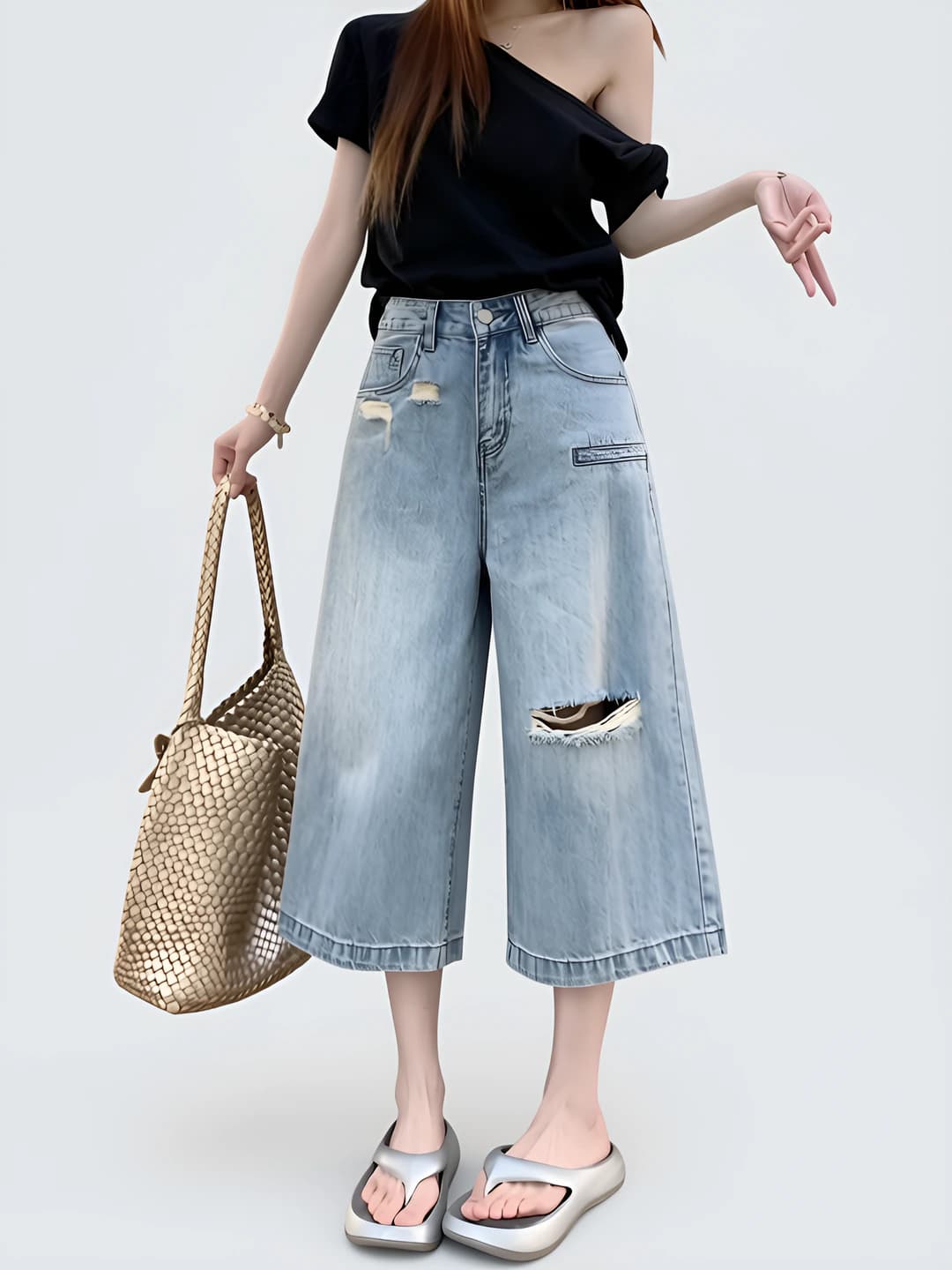 Women's summer thin distressed jeans, high waist, straight cut, wide and flared, capri trousers, plus size