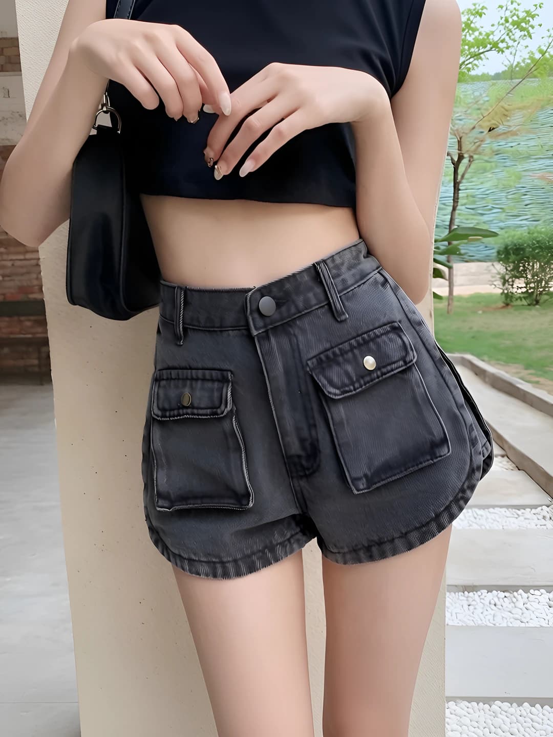 Women's denim shorts, high waist, wide-leg, all-cotton, Korean style, loose fit, slimming, zip and buttons