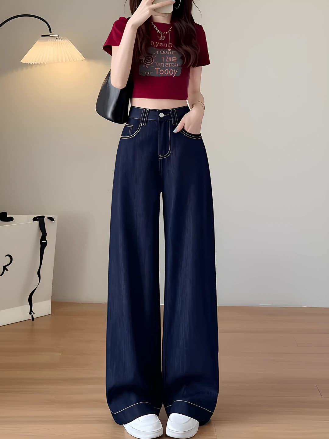 Ayollar uchun keng va klesh jinsi shimlar, baland bel, bo'sh (oversize) to'g'ri kesim, sof paxta, uzun shim, kundalik